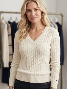 Tommy Hilfiger Classic Cream Cable Knit V-Neck Sweater